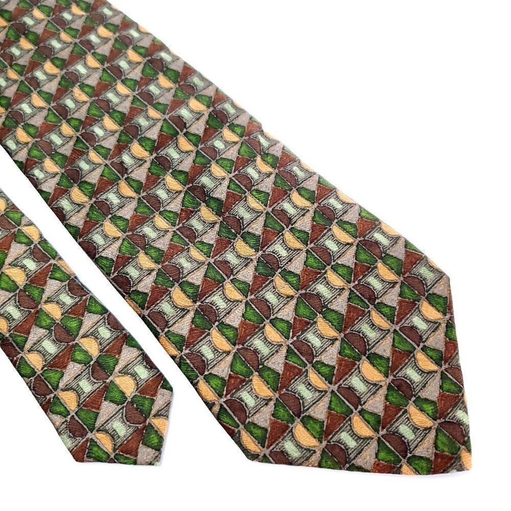 Barney's New York Brown Green Geometric‎ Abstract Short Silk Tie Woven